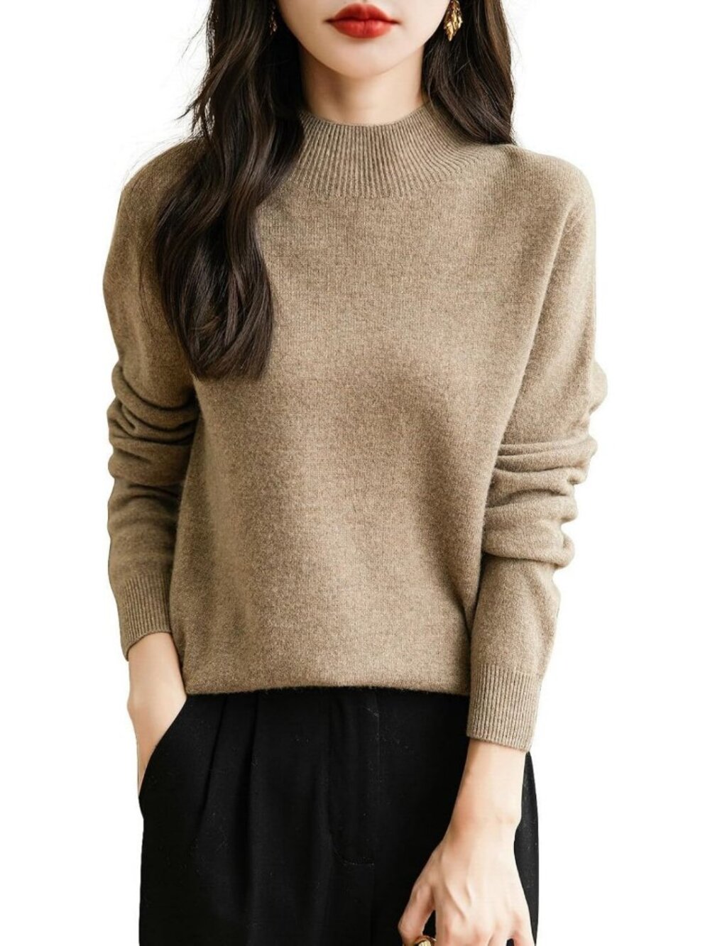 Cozy 100% Merino Wool Mock Neck Sweater | Seamless Long Sleeve Pullover Top